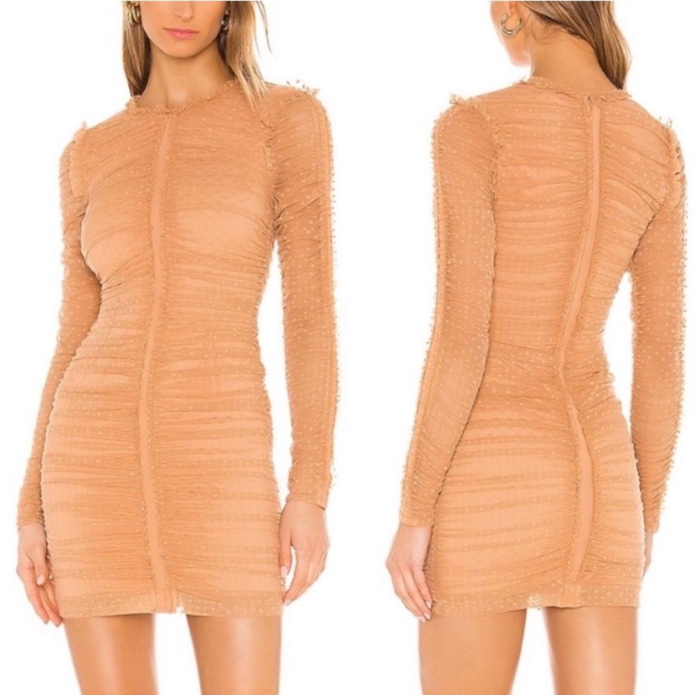 NBD Las Olas Long Sleeve Mini Dress Nude Ruched Mesh Heart XS
